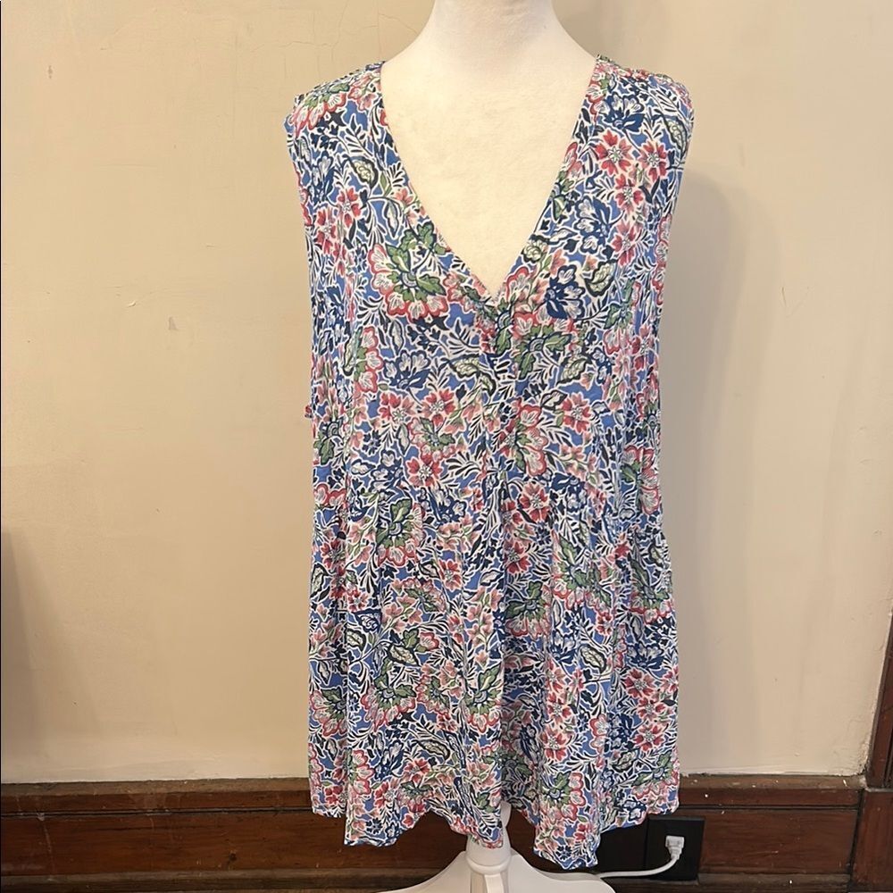 Cynthia Rowley Floral Sleeveless V-Neck Top in Blue, Pink, Green